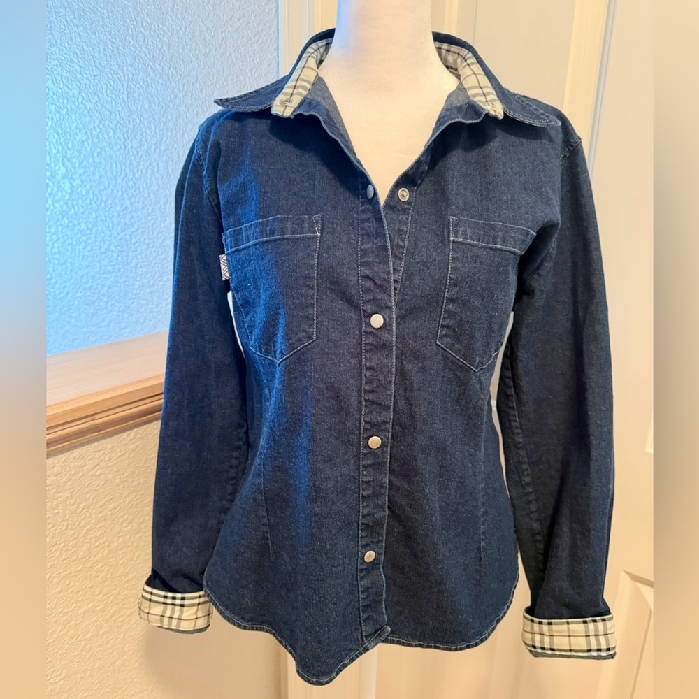 Burberry Denim Button-Up Shirt with Plaid Accents